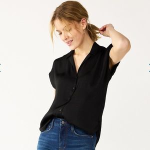 Nine West Black Short Sleeve Easy Lapel Button Up